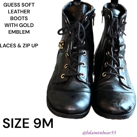 GUESS BRAND SOFT LEATHER ANKLE BOOTS-SIZE 9M-GOLD EMBLEM ON SIDES-ZIP UP AND TIE - Picture 7 of 16